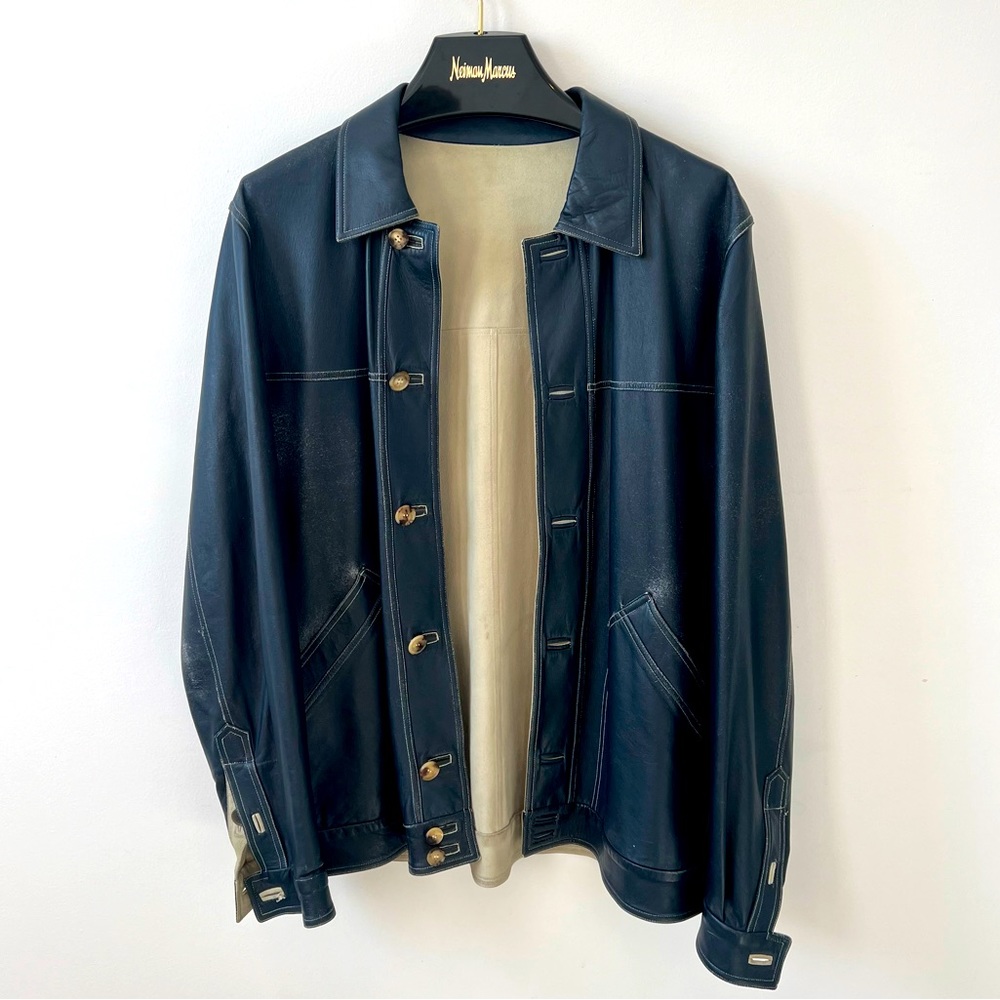 Vintage blue leather shirt jacket